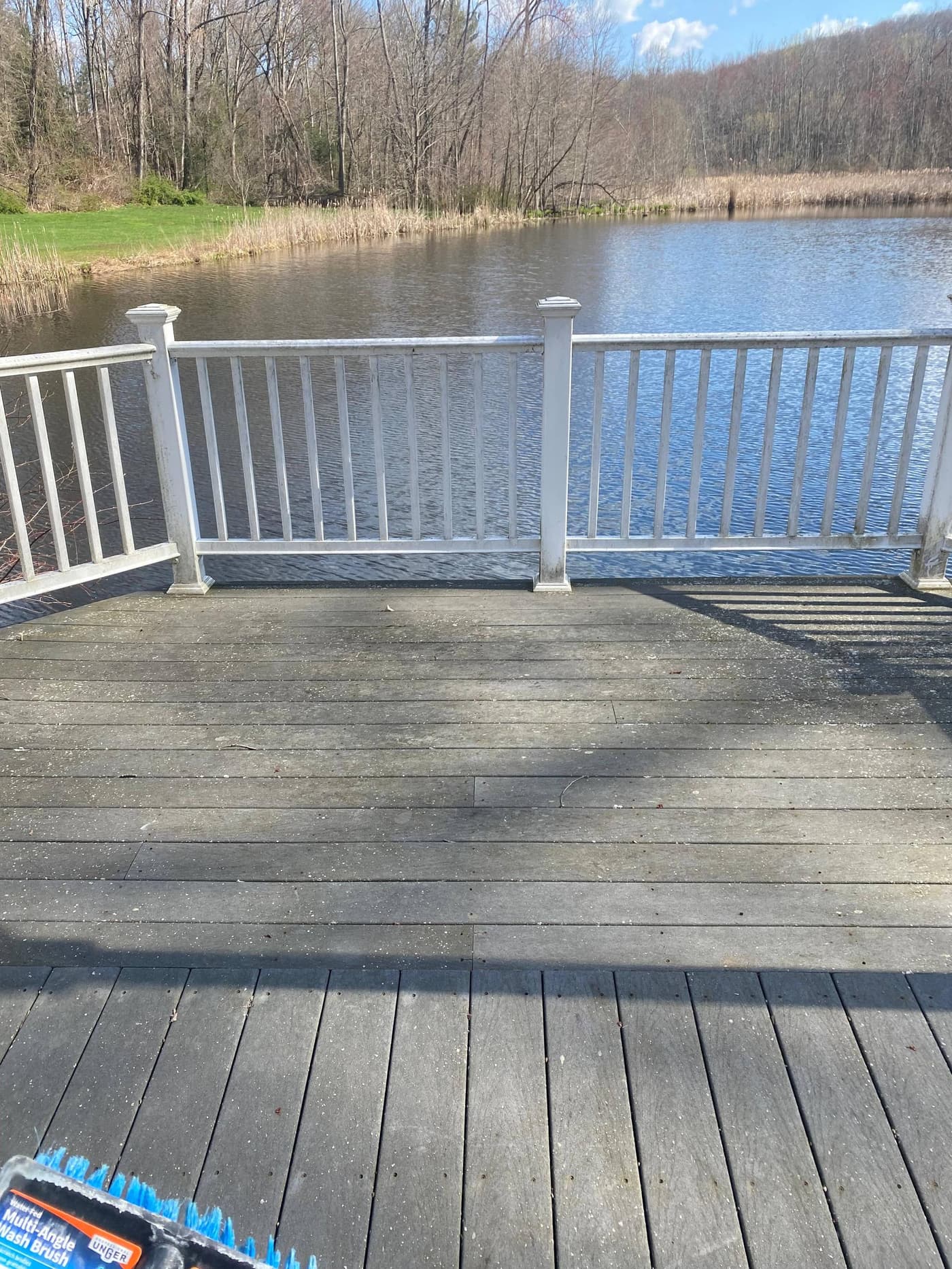 Weathered composite deck overlooking pond before cleaning